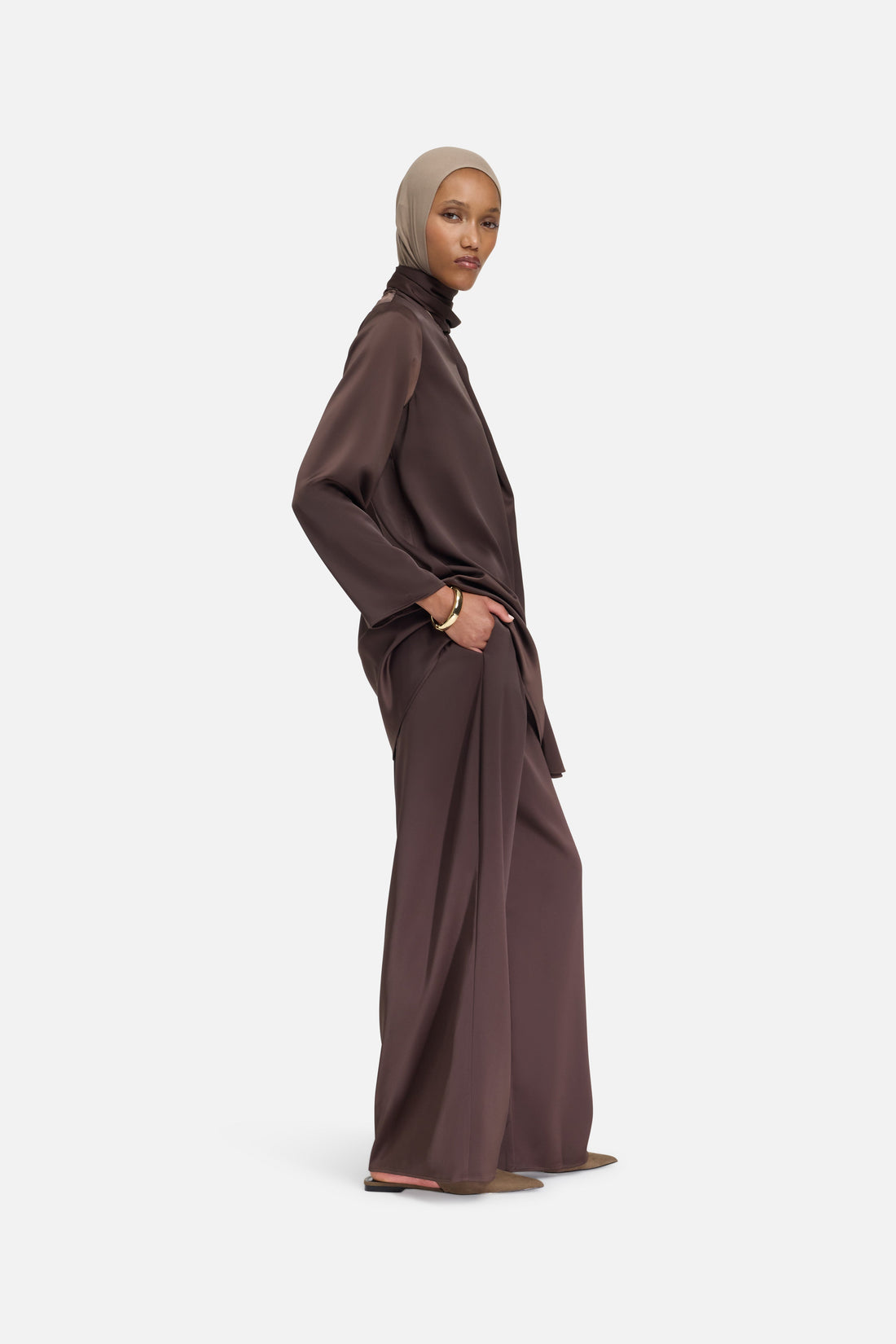 Satin Plissé Pantalon | Dark Brown